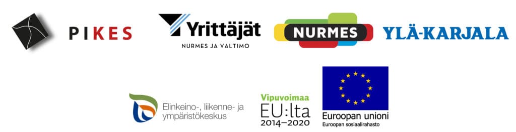 PIKES, Nurmeksen ja Valtimon yrittäjät, Nurmeksen kaupunki, Ylä-Karjala-lehti, Ely ja Euroopan unioni -logot