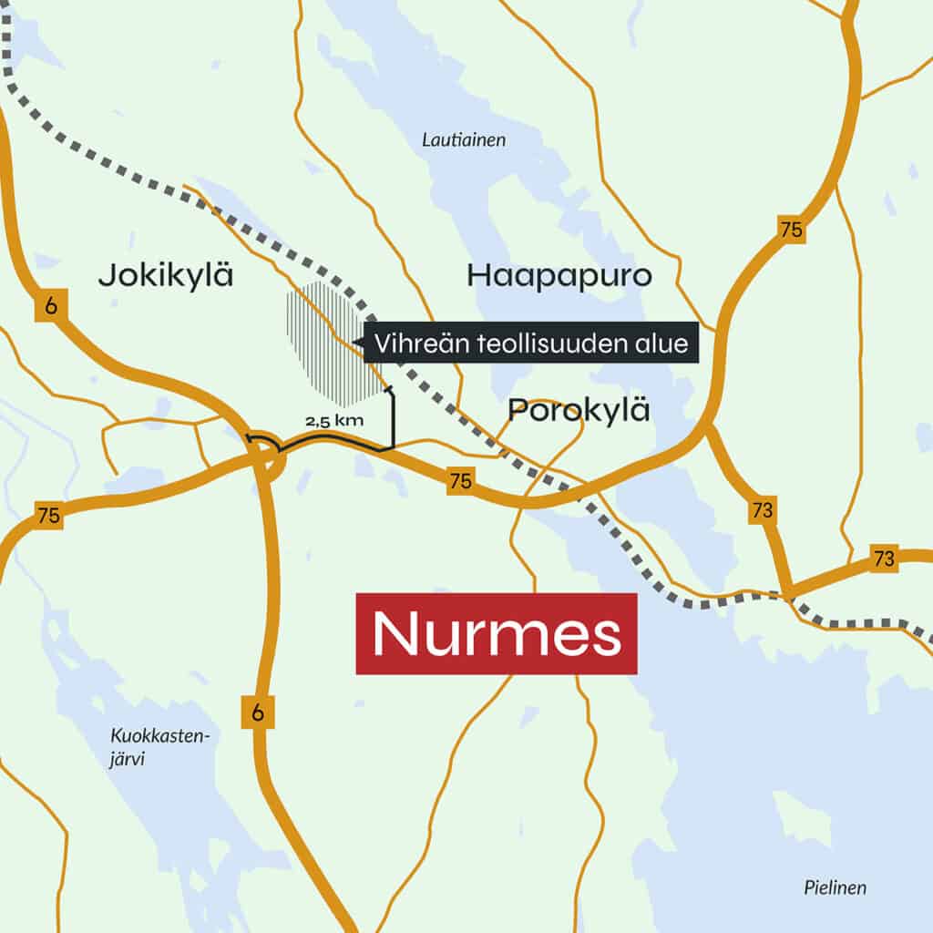 Kartta: Vihreän teollisuuden alueen sijainti Nurmeksessa