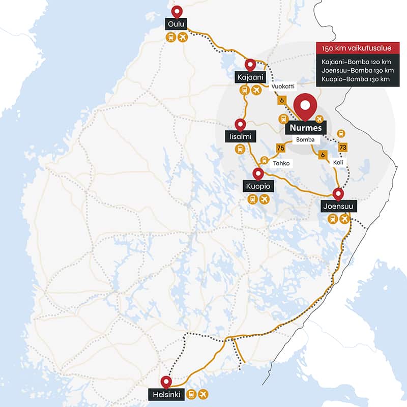 Kartta Bomban sijainti Suomen kartalla sekä rautatie ja tieyhteydet sekä lentokentät. PIKES Oy