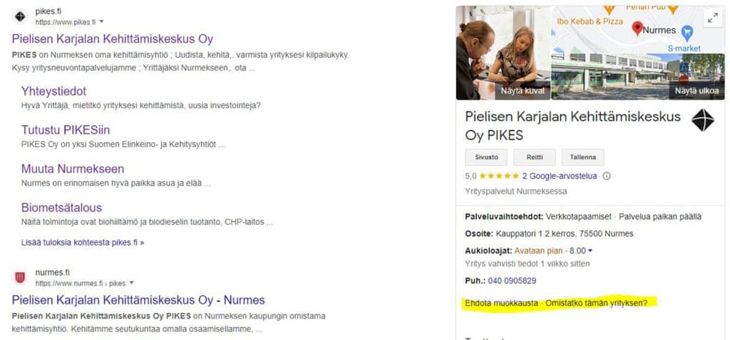 PIKESin Yritysprofiilinäkymä Google-haussa.